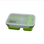 Collapsible Lunch Box 3 compartments with Forkspoon - Lifestyle corporate gifts for corporate gifting in Singapore with custom logo branding.Collapsible lunch box features three separate compartments, allowing for organized storage of different foods while maximizing space efficiency. It comes with a convenient fork and spoon, making it an ideal solution for on-the-go meals and easy clean-up.