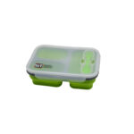 Collapsible Lunch Box 3 compartments with Forkspoon - Lifestyle corporate gifts for corporate gifting in Singapore with custom logo branding.Collapsible lunch box features three separate compartments, allowing for organized storage of different foods while maximizing space efficiency. It comes with a convenient fork and spoon, making it an ideal solution for on-the-go meals and easy clean-up.
