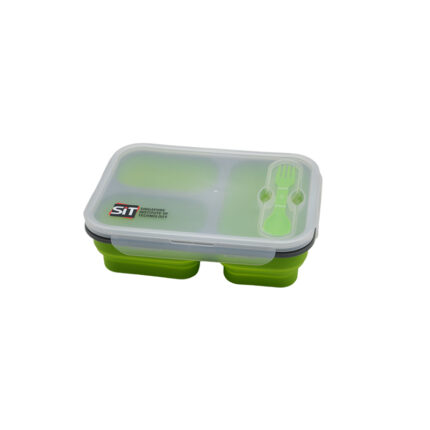 Collapsible Lunch Box 3 compartments with Forkspoon - Lifestyle corporate gifts for corporate gifting in Singapore with custom logo branding.Collapsible lunch box features three separate compartments, allowing for organized storage of different foods while maximizing space efficiency. It comes with a convenient fork and spoon, making it an ideal solution for on-the-go meals and easy clean-up.