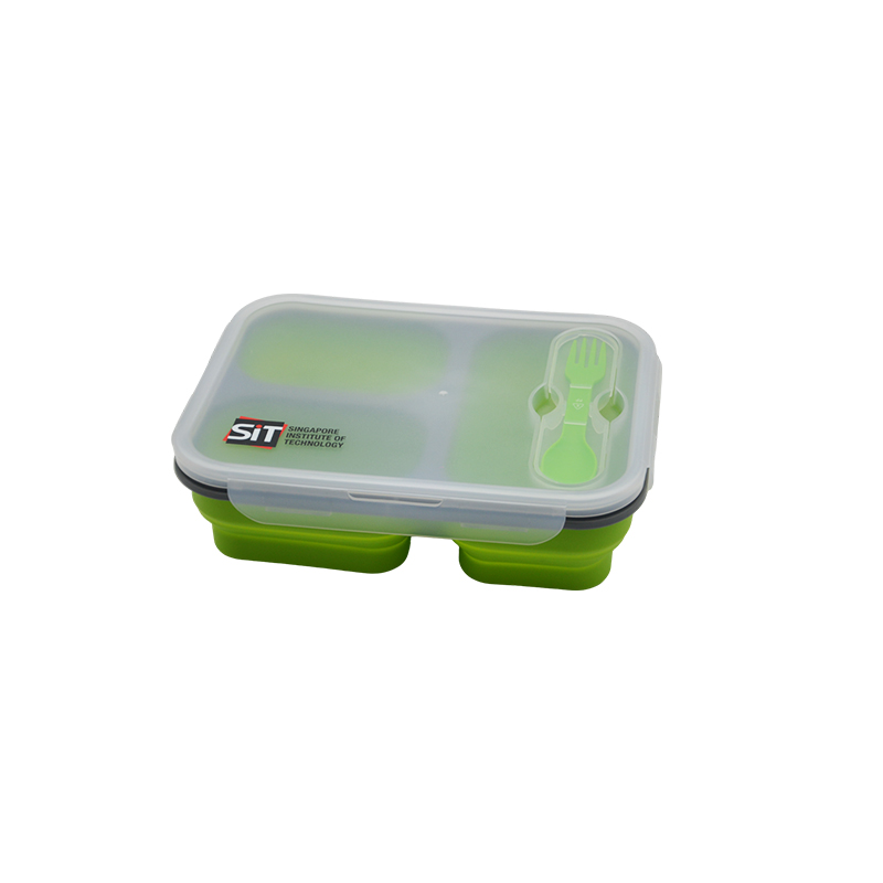 Collapsible Lunch Box 3 compartments with Forkspoon - Lifestyle corporate gifts for corporate gifting in Singapore with custom logo branding.Collapsible lunch box features three separate compartments, allowing for organized storage of different foods while maximizing space efficiency. It comes with a convenient fork and spoon, making it an ideal solution for on-the-go meals and easy clean-up.
