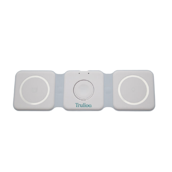 3 in 1 Magsafe Wireless Charger - branded tech gifts for corporate gifting in Singapore with custom logo branding. 3-in-1 MagSafe wireless charger, designed to charge your phone, AirPods, and Apple Watch simultaneously. 5mm x 7.5mm.