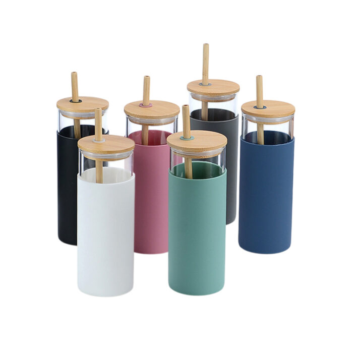 Bamboo Glass Tumblers with Silicone Handle - Drinkware corporate gifts for corporate gifting in Singapore with custom logo branding.Bamboo glass tumblers with silicone handle, combining eco-friendliness with modern design. These durable and stylish tumblers offer a comfortable grip for everyday use.