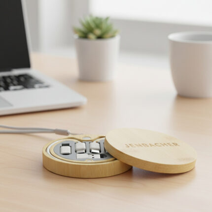 Bamboo Multi Cable Set - Tech corporate gifts for corporate gifting in Singapore with custom logo branding.A bamboo multi-cable set includes several cables. It typically features different connectors like USB, Lightning, and Type-C, making it perfect for charging various devices.