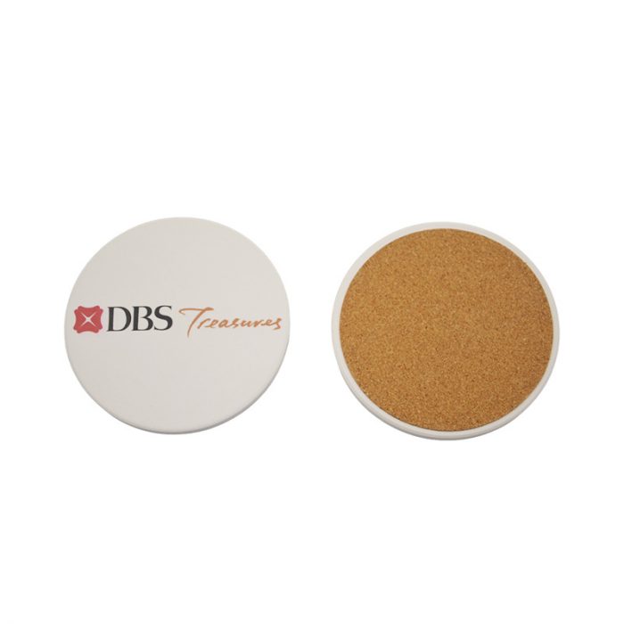 Ceramic Coaster - lifestyle corporate gifts for corporate gifting in Singapore with custom logo branding. Ceramic coaster that adds a touch of elegance to any table while protecting surfaces from heat and moisture. 3cm (D); 0.7cm (Thickness).