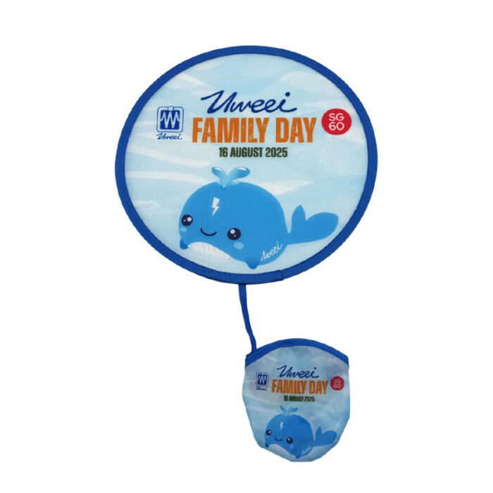Foldable Frisbee Fan - event giveaways and promotional items for corporate gifting in Singapore with custom logo branding. A foldable frisbee fan is a compact, portable fan that doubles as a frisbee when unfolded.