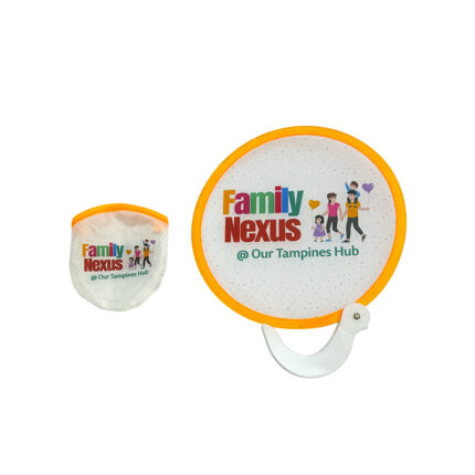 Foldable Frisbee Fan with Handle - event giveaways and promotional items for corporate gifting in Singapore with custom logo branding. A foldable fan with a handle is a compact, portable fan that can be easily folded for storage.