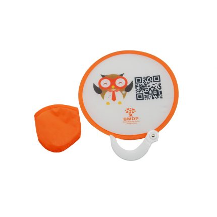 Foldable Frisbee Fan with Handle - event giveaways and promotional items for corporate gifting in Singapore with custom logo branding. A foldable fan with a handle is a compact, portable fan that can be easily folded for storage.
