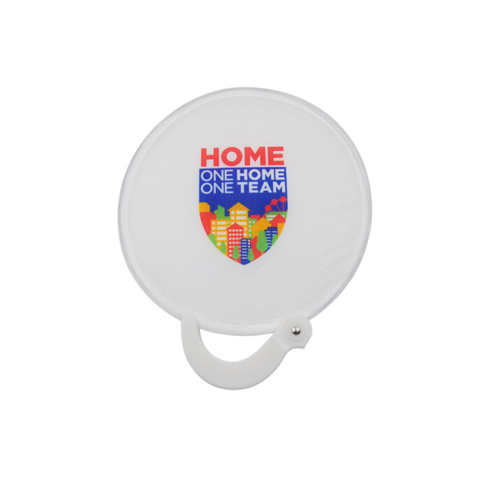 Foldable Frisbee Fan with Handle - event giveaways and promotional items for corporate gifting in Singapore with custom logo branding. A foldable fan with a handle is a compact, portable fan that can be easily folded for storage.
