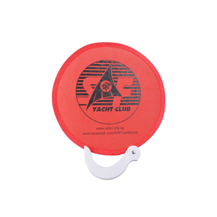 Foldable Frisbee Fan with Handle - event giveaways and promotional items for corporate gifting in Singapore with custom logo branding. A foldable fan with a handle is a compact, portable fan that can be easily folded for storage.