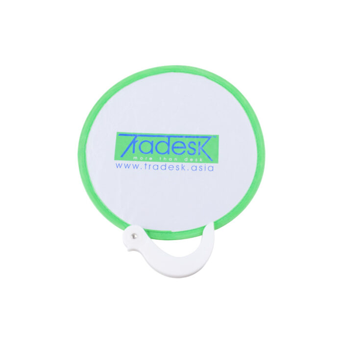 Foldable Frisbee Fan with Handle - event giveaways and promotional items for corporate gifting in Singapore with custom logo branding. A foldable fan with a handle is a compact, portable fan that can be easily folded for storage.