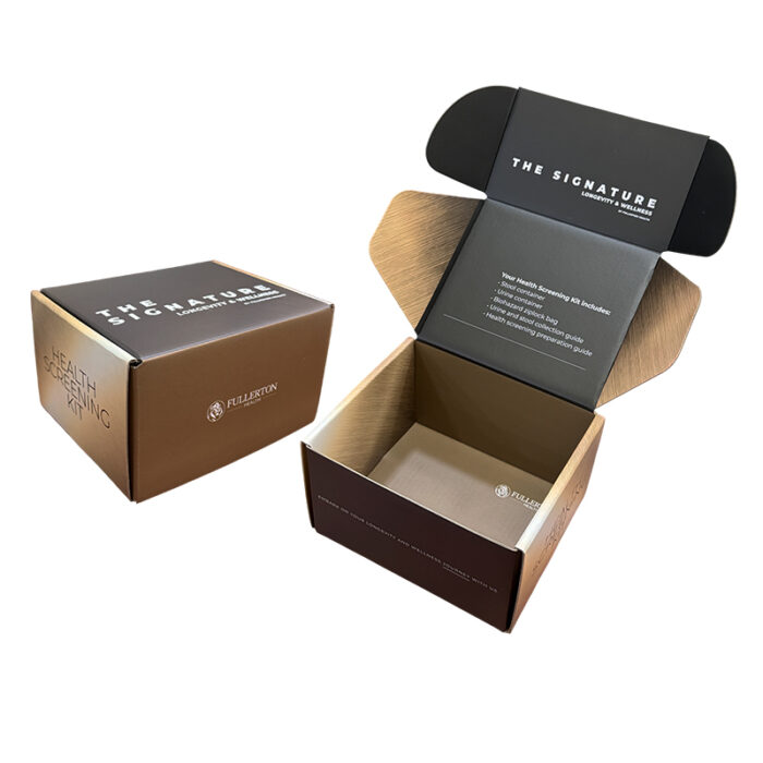 Corrugated Mailer Box- custom packaging for corporate gifting in Singapore with custom logo branding. It provides secure protection for items during shipping with its sturdy design and cushioning properties.