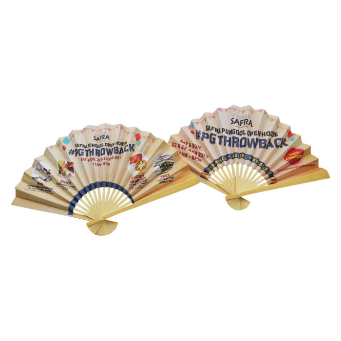 Paper Fan - event giveaways and promotional items for corporate gifting in Singapore with custom logo branding. A paper fan is a lightweight, foldable fan made from paper and supported by a thin frame.