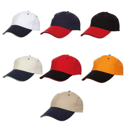 2 Tone Cotton Cap - branded apparel for corporate gifting in Singapore with custom logo branding. 2-Tone Cotton Cap features a stylish two-tone design and soft cotton fabric for a comfortable fit. Its adjustable strap ensures a secure, customizable fit for any head size.