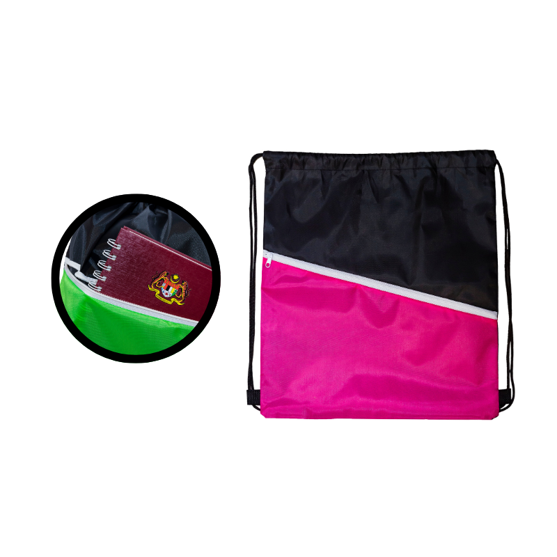 2 Tone Drawstring Bag with Front Pocket- branded bags and pouches for corporate gifting in Singapore with custom logo branding. The 2 tone drawstring bag with front pocket combines style and function in a lightweight, easy-to-carry design.