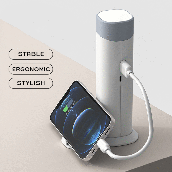 4 in 1 Multifunctional Table Lamp- branded tech gifts for corporate gifting in Singapore with custom logo branding.4 in 1 Multifunctional Table Lamp combines a lamp, powerbank, phone stand, and torch light in one sleek design.