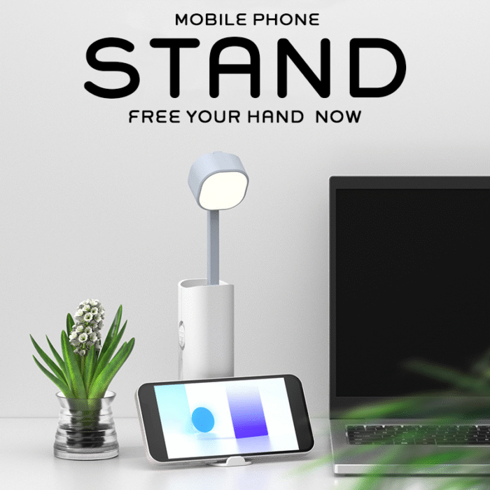 4 in 1 Multifunctional Table Lamp- branded tech gifts for corporate gifting in Singapore with custom logo branding.4 in 1 Multifunctional Table Lamp combines a lamp, powerbank, phone stand, and torch light in one sleek design.