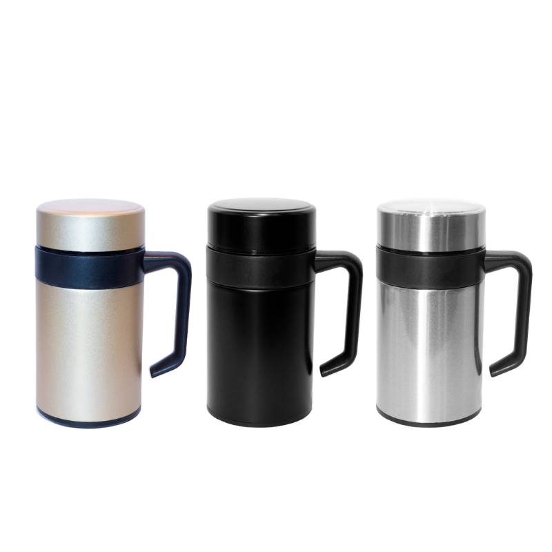 Thermos Mug with Filter- branded drinkware for corporate gifting in Singapore with custom logo branding. This thermos mug with filter is perfect for enjoying loose-leaf tea or infused drinks on the go.