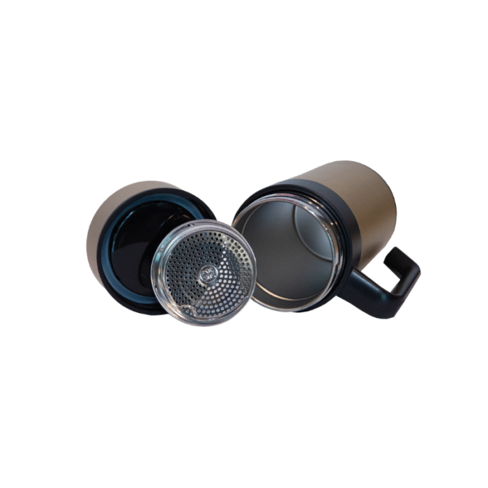 Thermos Mug with Filter- branded drinkware for corporate gifting in Singapore with custom logo branding. This thermos mug with filter is perfect for enjoying loose-leaf tea or infused drinks on the go.