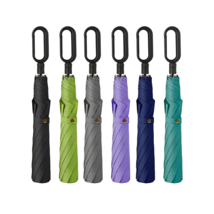 Foldable Umbrella with Carabiner Handle - lifestyle corporate gifts for corporate gifting in Singapore with custom logo branding. This foldable umbrella comes with a sturdy carabiner handle, making it easy to clip onto backpacks or briefcases.