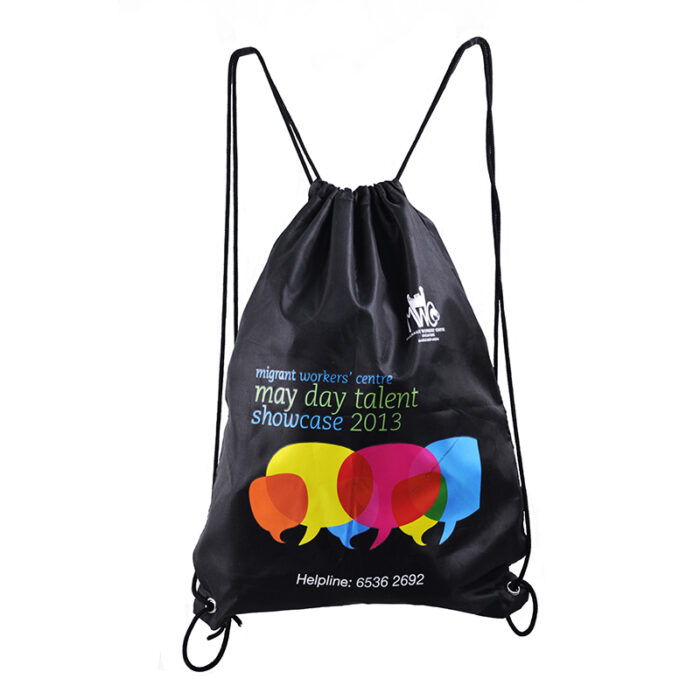Drawstring Backpack - branded bags and pouches for corporate gifting in Singapore with custom logo branding. Drawstring backpack is a lightweight bag with strings that tighten at the top to close it.