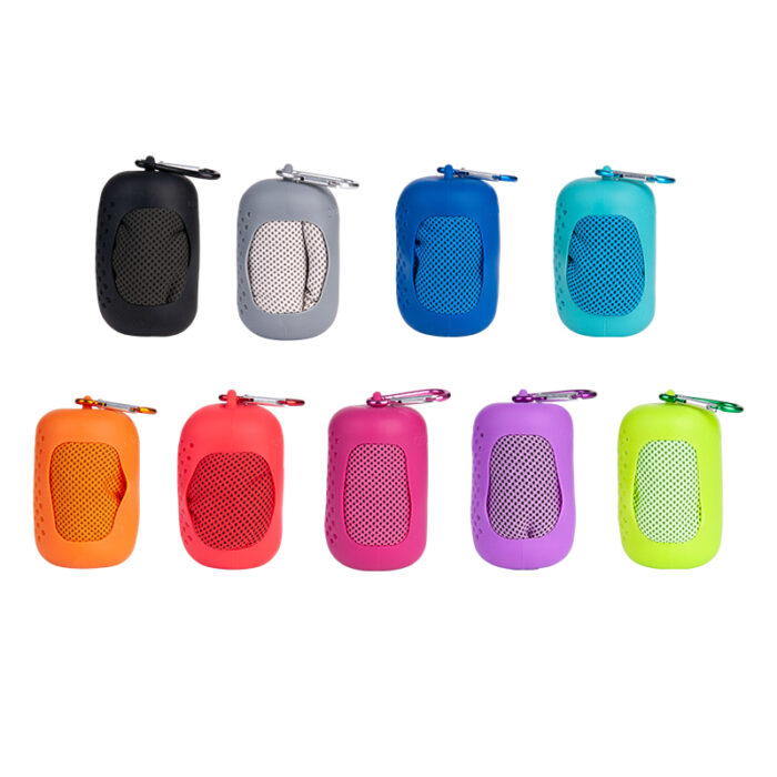 Pocket Size Towel with Casing - lifestyle corporate gifts for corporate gifting in Singapore with custom logo branding. This pocket-size towel comes with a durable silicone casing for easy, hygienic storage.