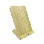Bamboo Wireless Charging Stand - custom corporate gift for corporate gifting in Singapore with custom logo branding. Eco-friendly bamboo 2-in-1 stand for wireless charging and holding your phone. Sleek, space-saving design keeps your desk organized while charging.