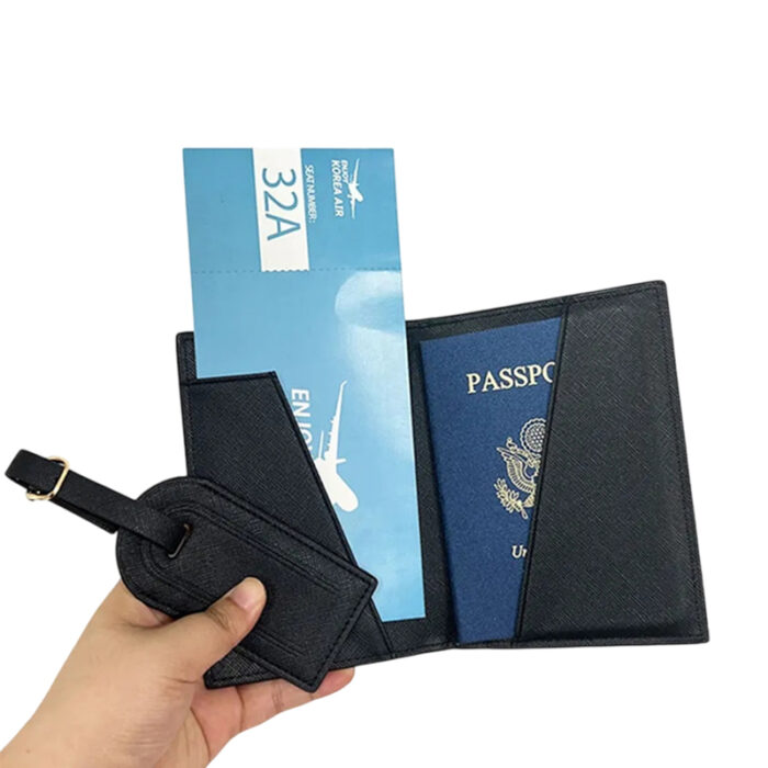 Customised PU Passport Holder and Luggage Tag Set Singapore - Travel gifts for corporate gifting in Singapore with custom logo branding.This PU leather passport holder and luggage tag set designed for modern travelers. Perfect as a thoughtful gift for clients, employees, or loved ones, this set can be customized with your company logo.