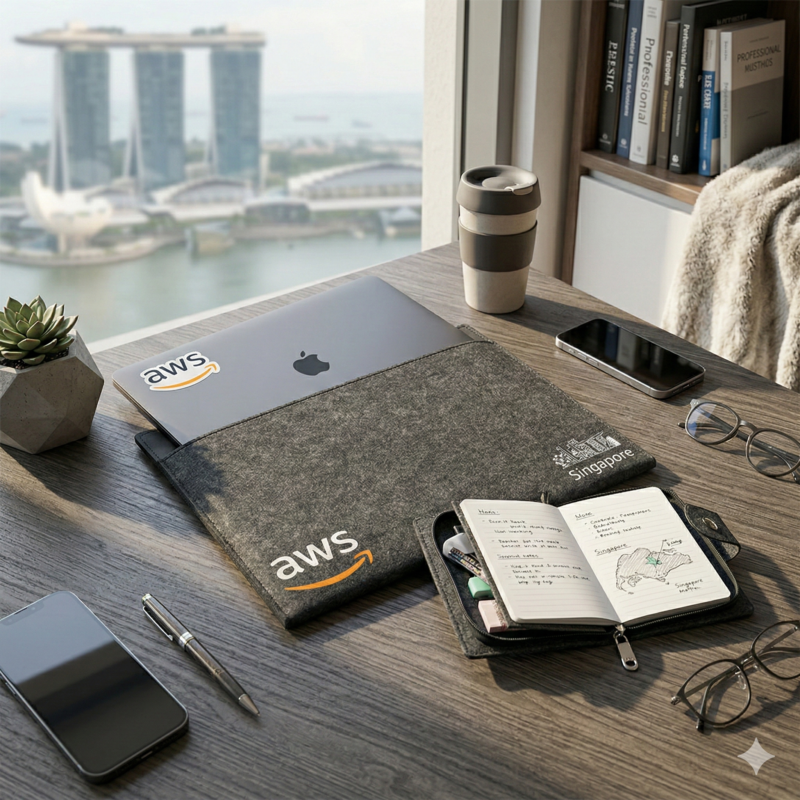 AWS felt laptop sleeve, planner and notepad overlooking Marina Bay Sands