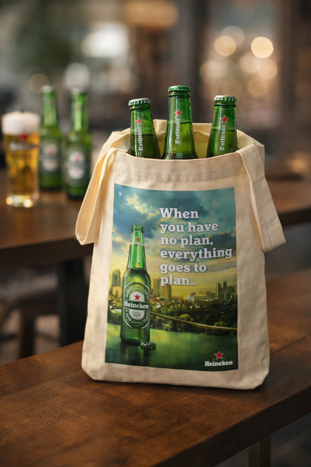 3 glass bottles of heineken beer in a customised full-print tote bag by The Gift Empire