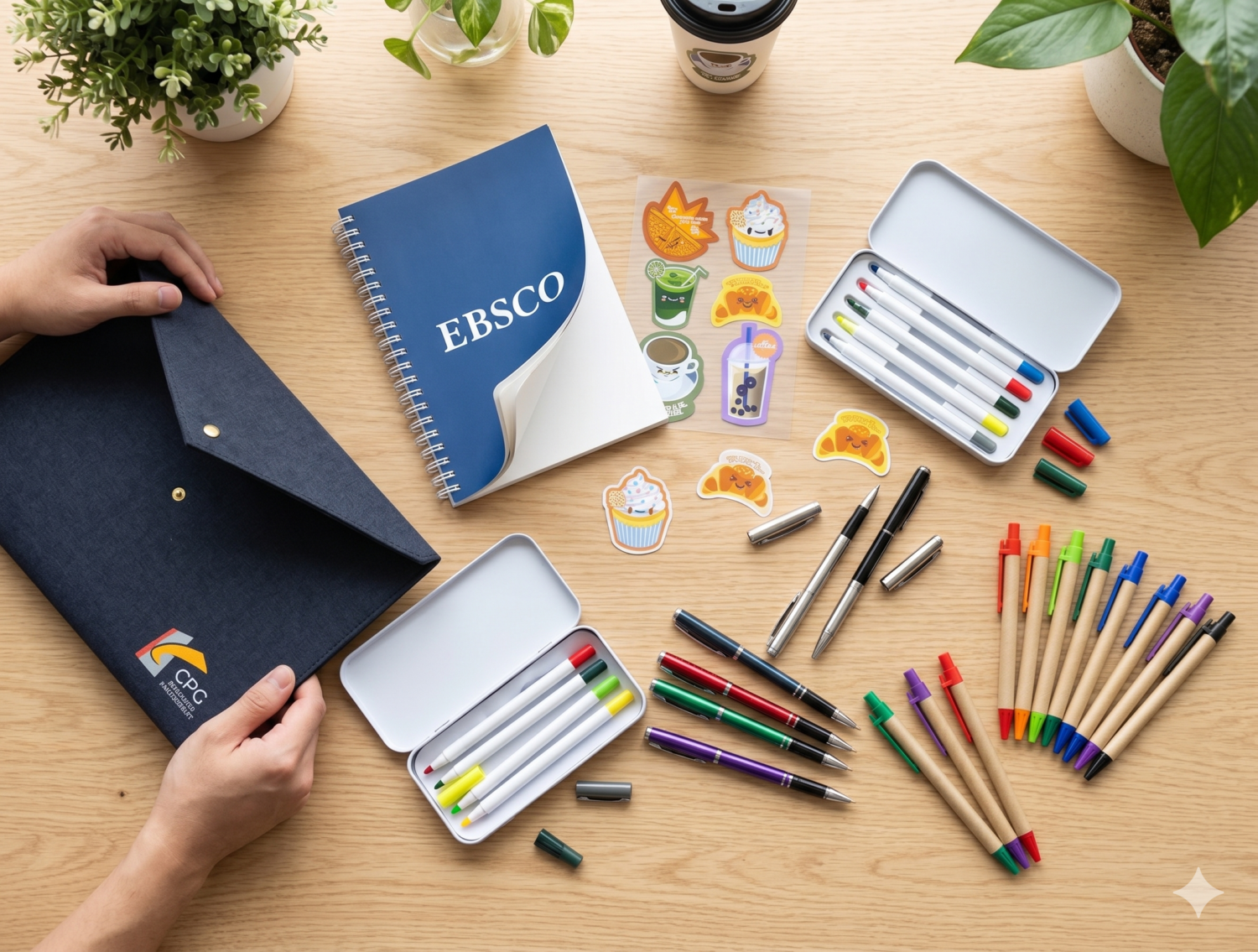 flatlay of customised notebooks and pens for corporate gifts