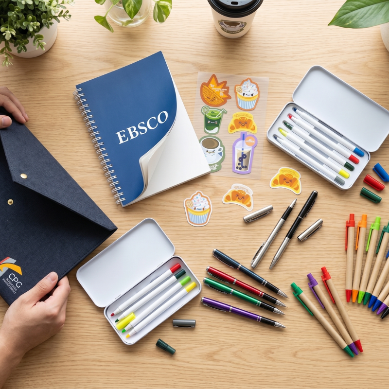 flatlay of stationery, customised pens, notebooks and laptop bag