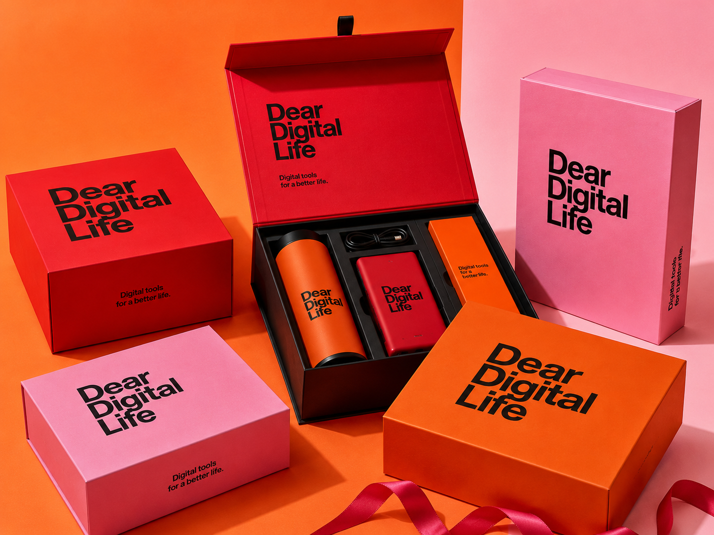 red, orange and pink rigid premium boxes