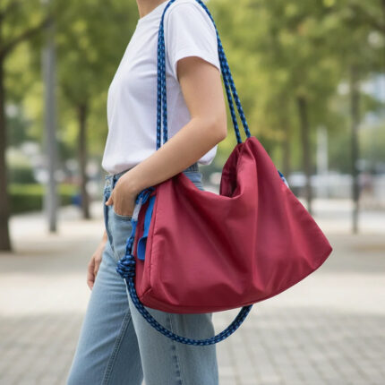 Dual Tone Nylon Gym Bag —- branded bags and pouches for corporate gifting in Singapore with custom logo branding. Crossbody sling bag offers a hands-free, practical way to carry your essentials.